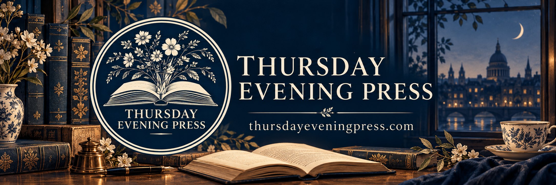 Thursday Evening Press: an open book and fountain pen on a desk, a window looking over moonlit London rooftops and a dome in the distance